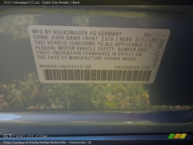 Urano Gray Metallic / Black 2012 Volkswagen CC Lux