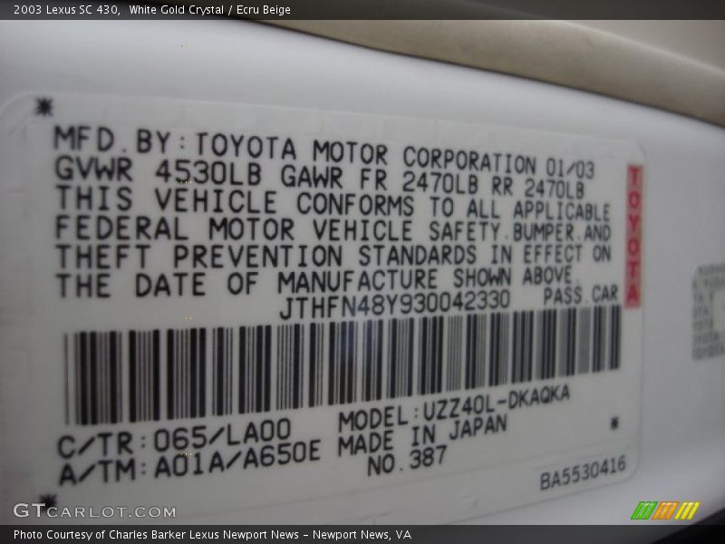 White Gold Crystal / Ecru Beige 2003 Lexus SC 430
