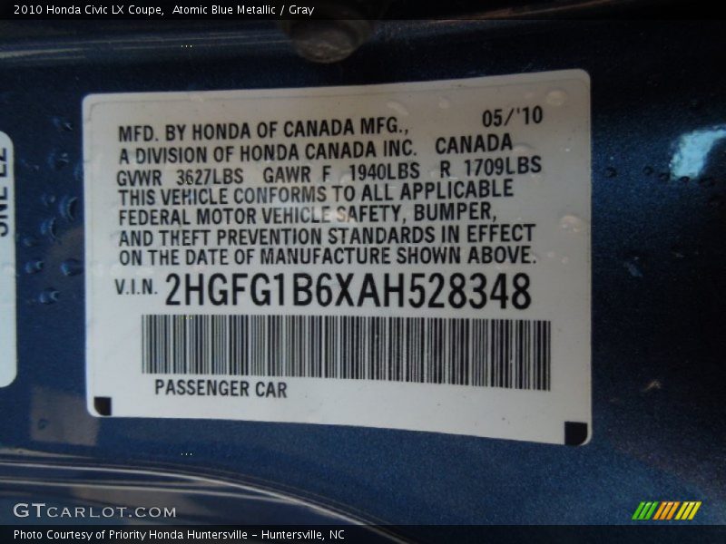Atomic Blue Metallic / Gray 2010 Honda Civic LX Coupe