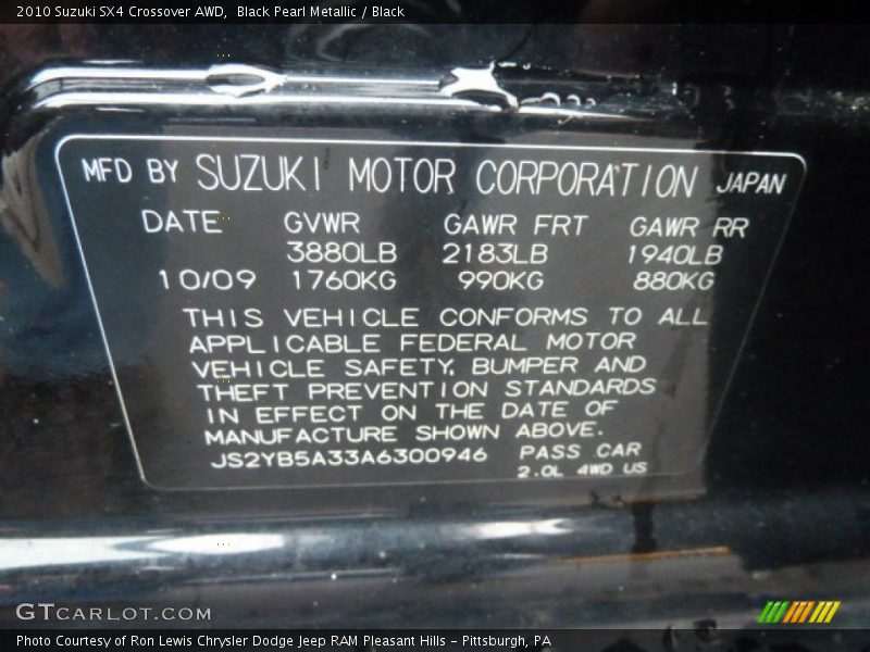 Black Pearl Metallic / Black 2010 Suzuki SX4 Crossover AWD