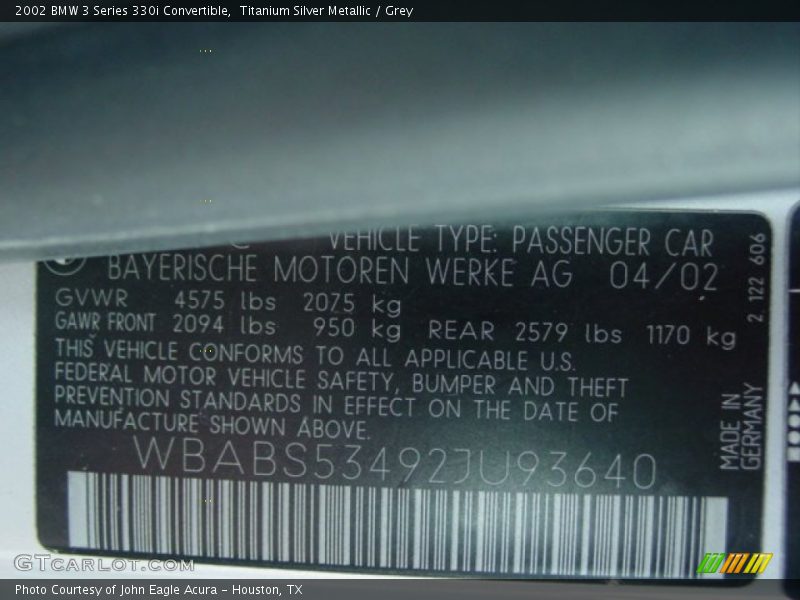 Titanium Silver Metallic / Grey 2002 BMW 3 Series 330i Convertible