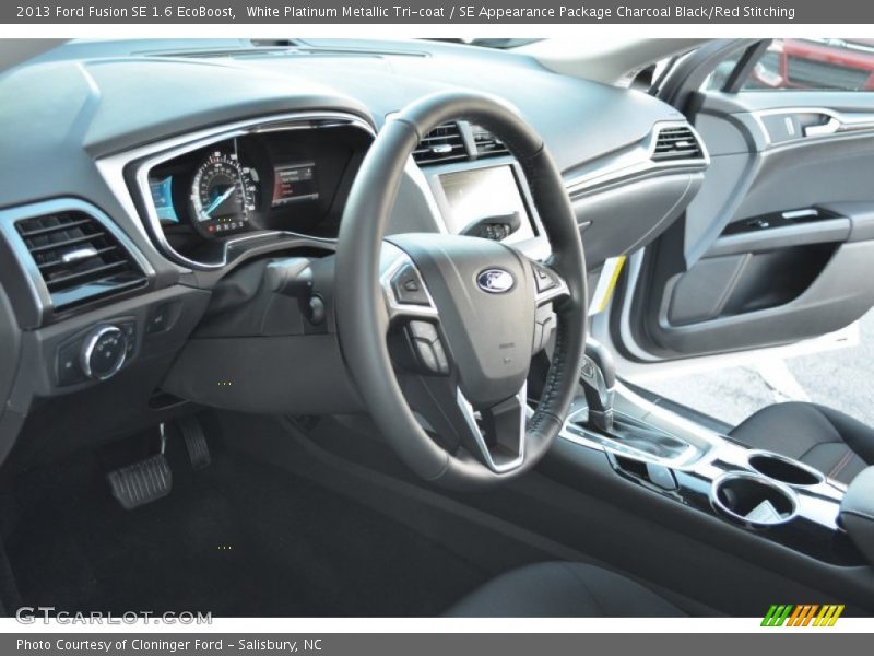 White Platinum Metallic Tri-coat / SE Appearance Package Charcoal Black/Red Stitching 2013 Ford Fusion SE 1.6 EcoBoost