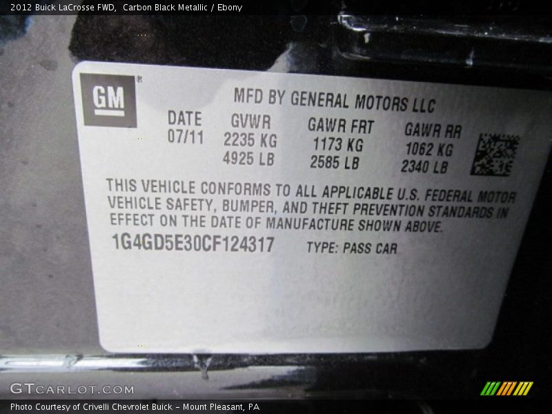 Carbon Black Metallic / Ebony 2012 Buick LaCrosse FWD