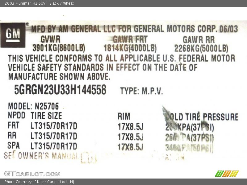 Info Tag of 2003 H2 SUV
