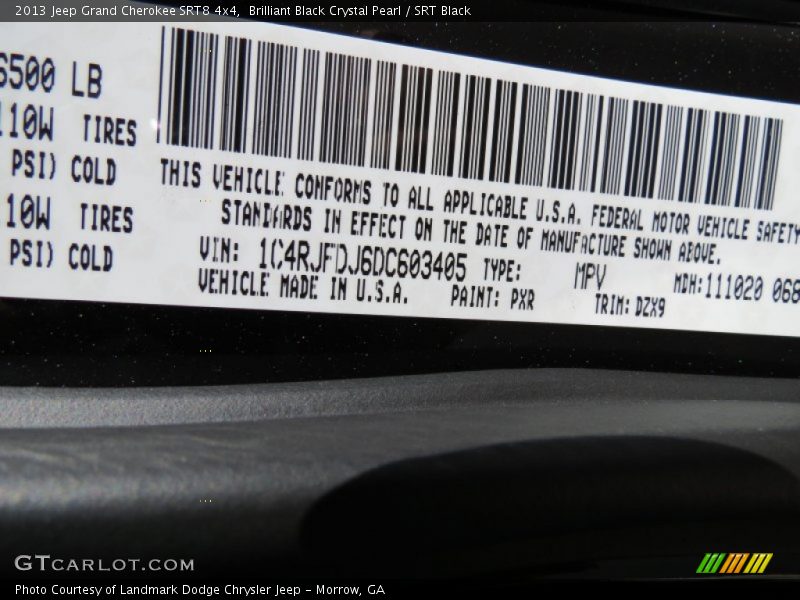 2013 Grand Cherokee SRT8 4x4 Brilliant Black Crystal Pearl Color Code PXR