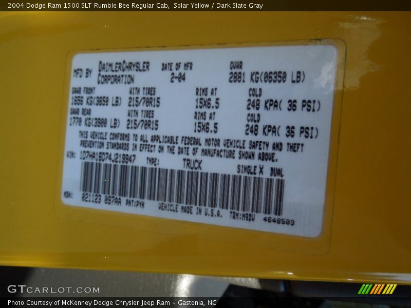 Solar Yellow / Dark Slate Gray 2004 Dodge Ram 1500 SLT Rumble Bee Regular Cab