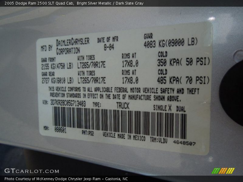 Bright Silver Metallic / Dark Slate Gray 2005 Dodge Ram 2500 SLT Quad Cab