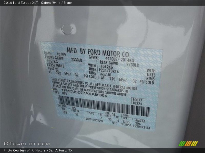 Oxford White / Stone 2010 Ford Escape XLT