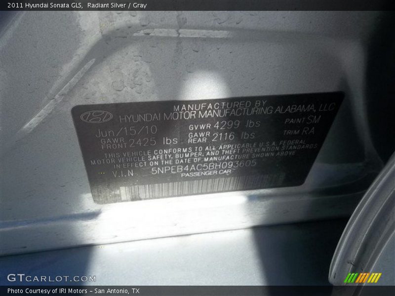Radiant Silver / Gray 2011 Hyundai Sonata GLS