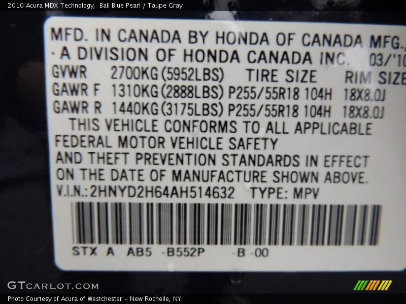 Bali Blue Pearl / Taupe Gray 2010 Acura MDX Technology