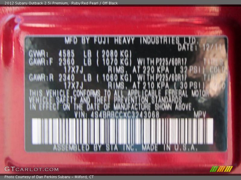 Ruby Red Pearl / Off Black 2012 Subaru Outback 2.5i Premium