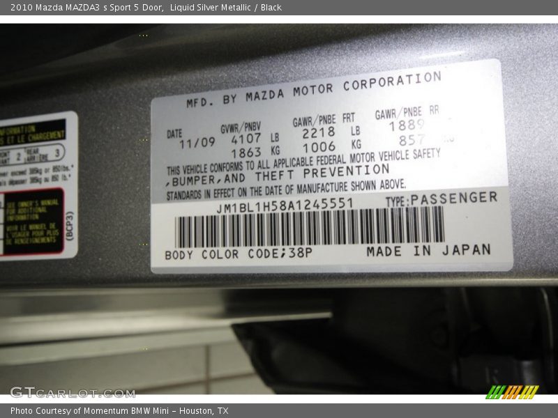 2010 MAZDA3 s Sport 5 Door Liquid Silver Metallic Color Code 38P