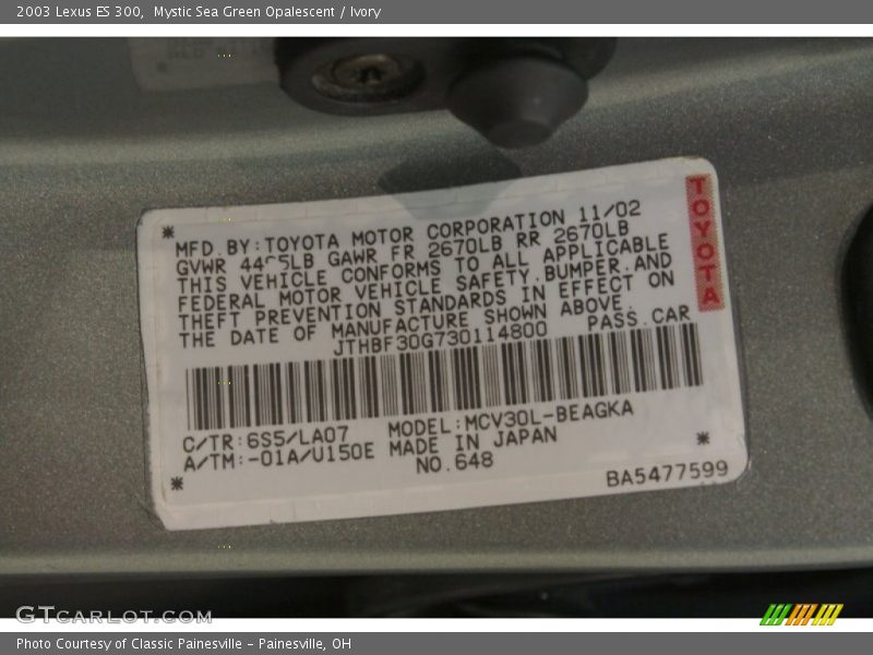 2003 ES 300 Mystic Sea Green Opalescent Color Code 6S5