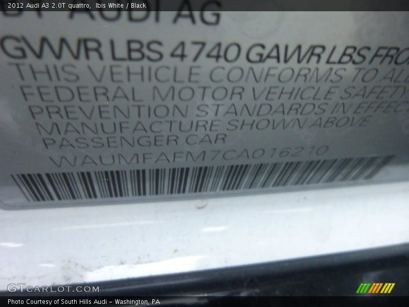 Ibis White / Black 2012 Audi A3 2.0T quattro