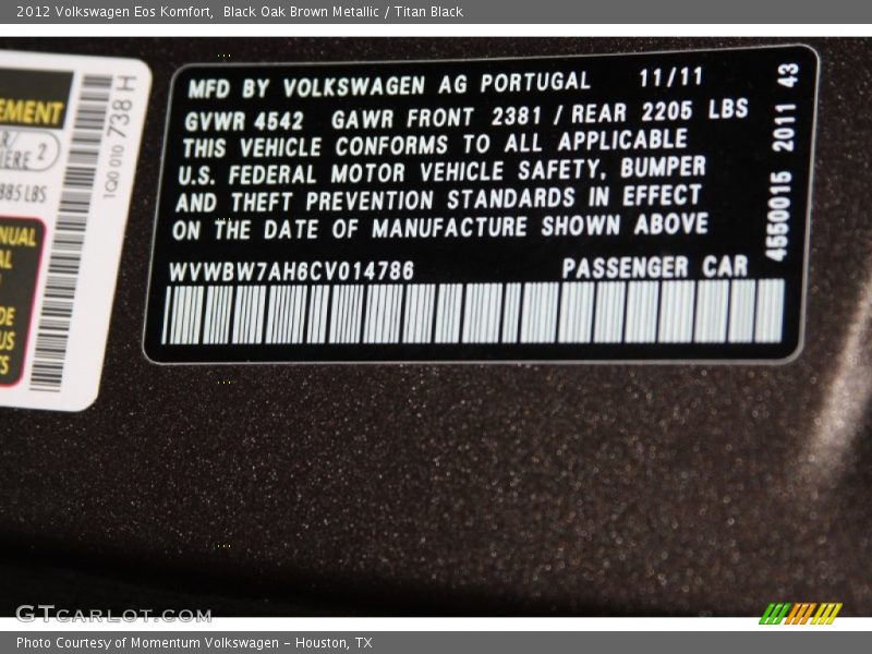Black Oak Brown Metallic / Titan Black 2012 Volkswagen Eos Komfort