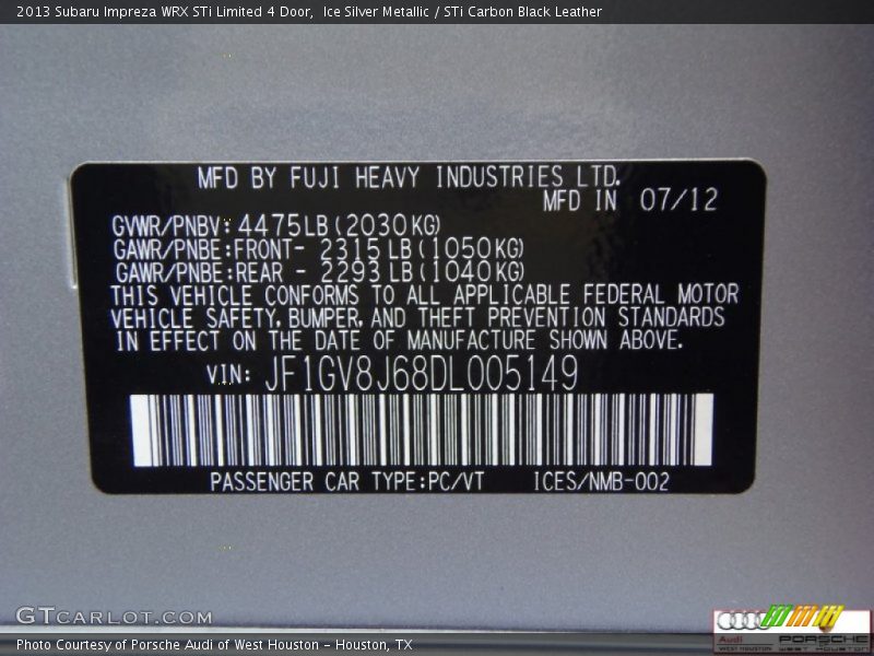 Ice Silver Metallic / STi Carbon Black Leather 2013 Subaru Impreza WRX STi Limited 4 Door