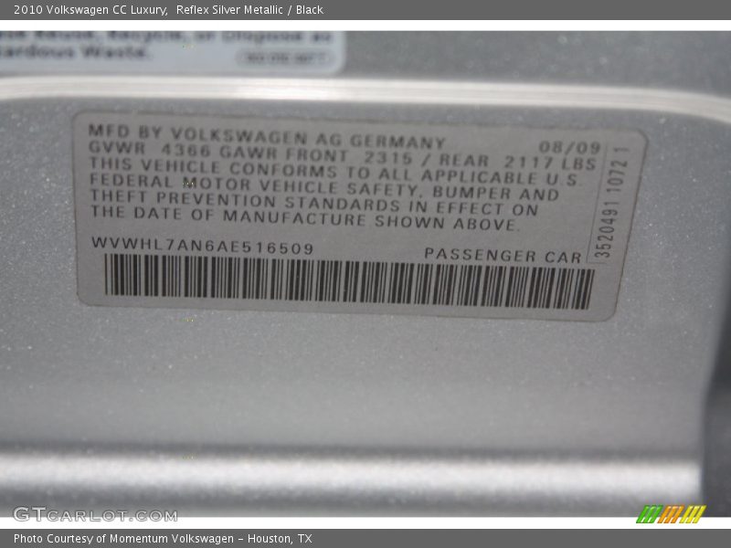Reflex Silver Metallic / Black 2010 Volkswagen CC Luxury