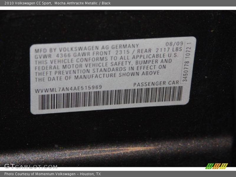 Mocha Anthracite Metallic / Black 2010 Volkswagen CC Sport