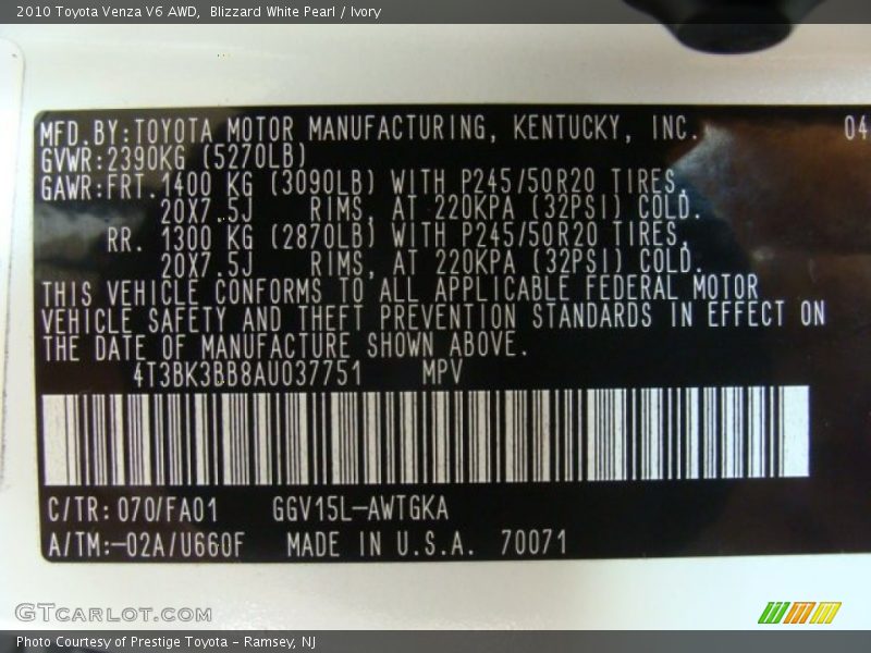 Blizzard White Pearl / Ivory 2010 Toyota Venza V6 AWD