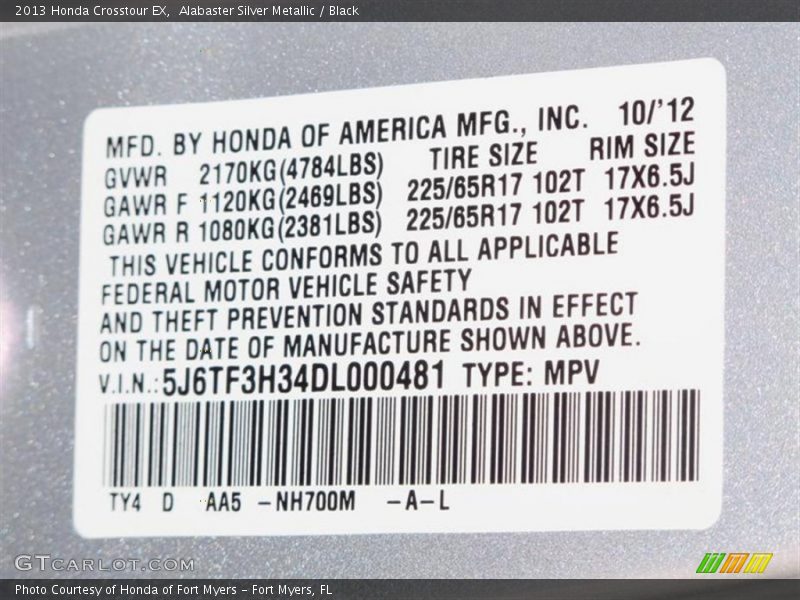 2013 Crosstour EX Alabaster Silver Metallic Color Code NH700M