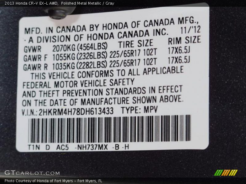 Polished Metal Metallic / Gray 2013 Honda CR-V EX-L AWD
