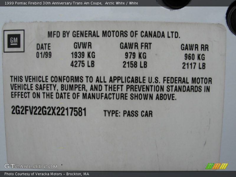 Arctic White / White 1999 Pontiac Firebird 30th Anniversary Trans Am Coupe