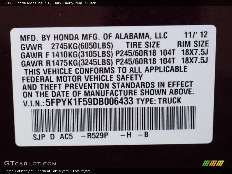 2013 Ridgeline RTL Dark Cherry Pearl Color Code R529P