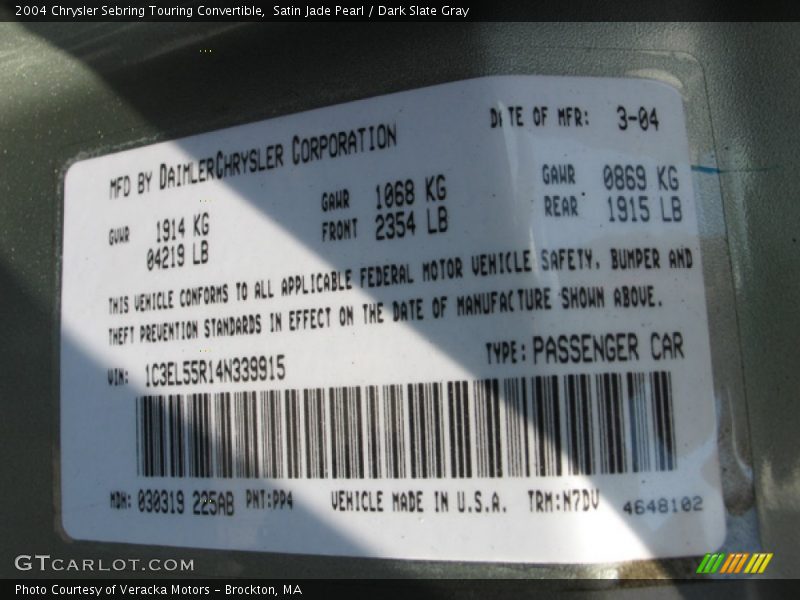 Satin Jade Pearl / Dark Slate Gray 2004 Chrysler Sebring Touring Convertible