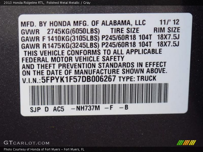 2013 Ridgeline RTL Polished Metal Metallic Color Code NH737M