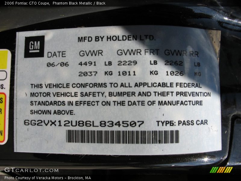 Info Tag of 2006 GTO Coupe