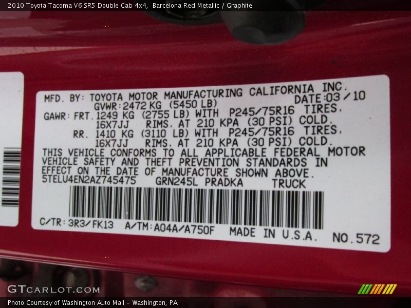 Barcelona Red Metallic / Graphite 2010 Toyota Tacoma V6 SR5 Double Cab 4x4