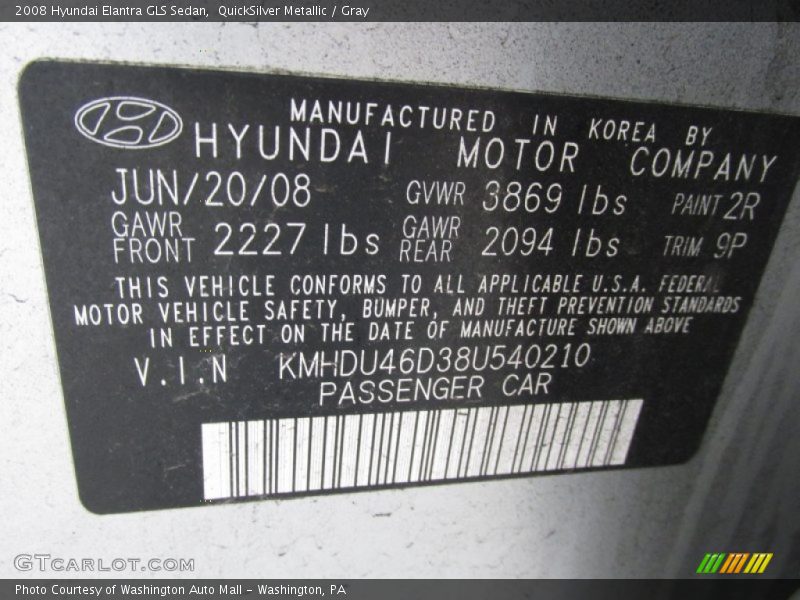 QuickSilver Metallic / Gray 2008 Hyundai Elantra GLS Sedan