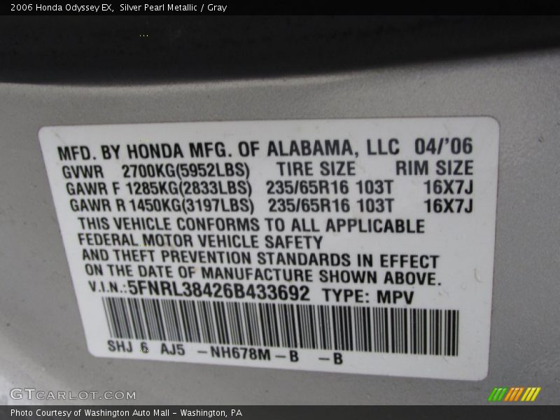 Silver Pearl Metallic / Gray 2006 Honda Odyssey EX