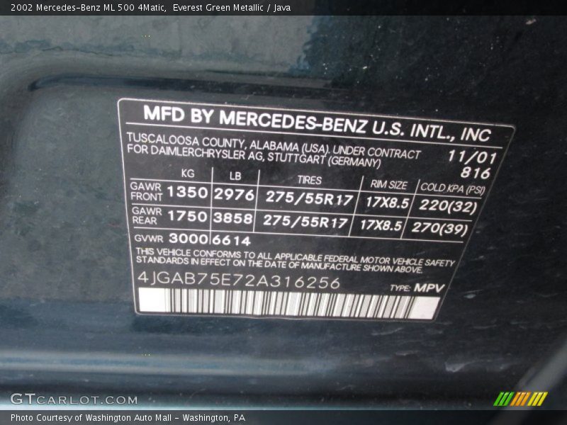 Everest Green Metallic / Java 2002 Mercedes-Benz ML 500 4Matic