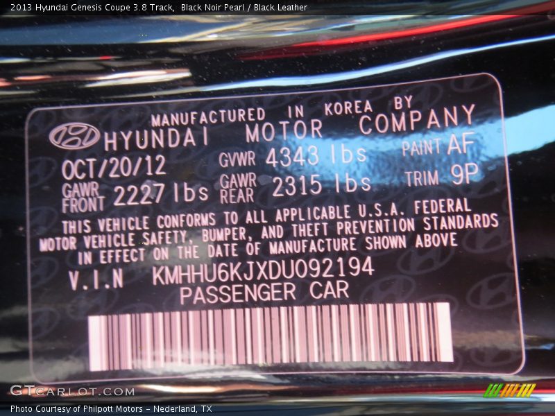 Black Noir Pearl / Black Leather 2013 Hyundai Genesis Coupe 3.8 Track