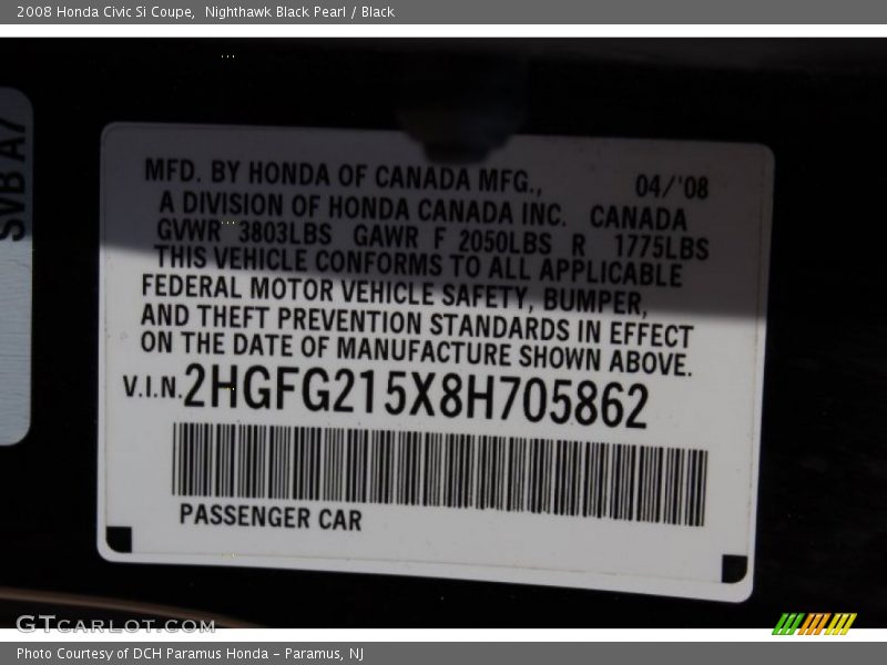 Nighthawk Black Pearl / Black 2008 Honda Civic Si Coupe