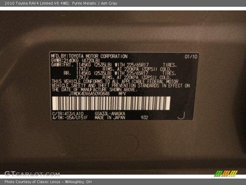 Pyrite Metallic / Ash Gray 2010 Toyota RAV4 Limited V6 4WD