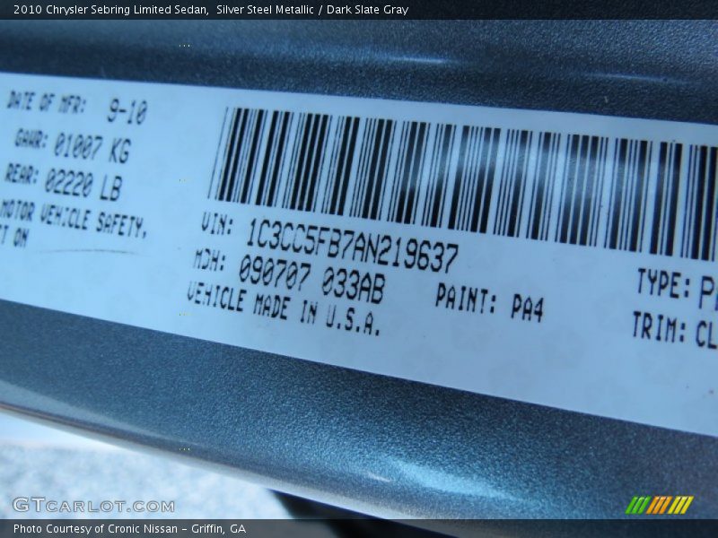 Silver Steel Metallic / Dark Slate Gray 2010 Chrysler Sebring Limited Sedan