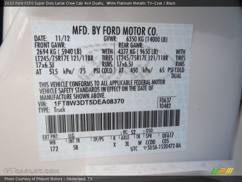 2013 F350 Super Duty Lariat Crew Cab 4x4 Dually White Platinum Metallic Tri-Coat Color Code UG