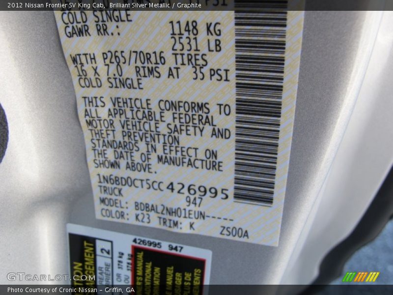 Brilliant Silver Metallic / Graphite 2012 Nissan Frontier SV King Cab