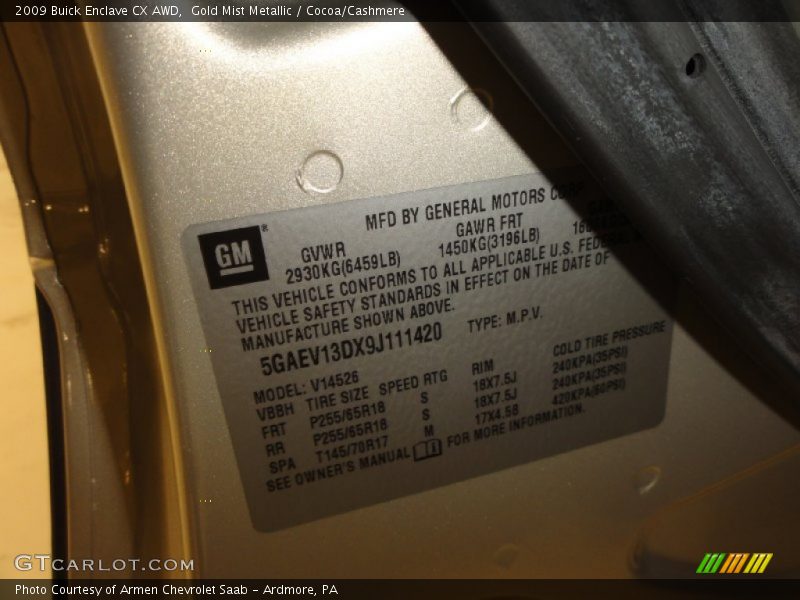 Gold Mist Metallic / Cocoa/Cashmere 2009 Buick Enclave CX AWD