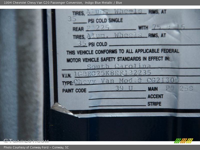 Info Tag of 1994 Chevy Van G20 Passenger Conversion