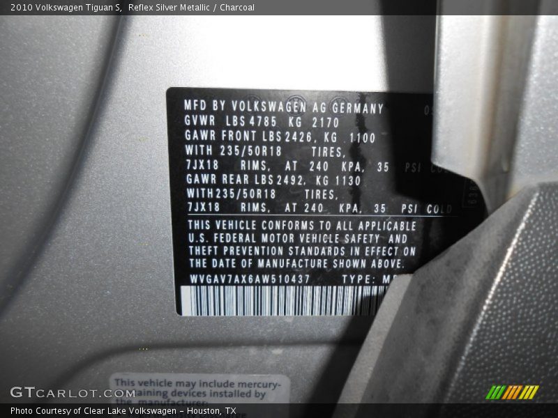 Reflex Silver Metallic / Charcoal 2010 Volkswagen Tiguan S
