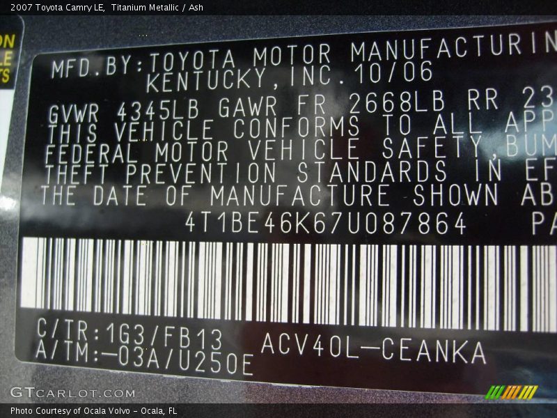Titanium Metallic / Ash 2007 Toyota Camry LE