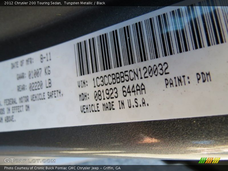 Tungsten Metallic / Black 2012 Chrysler 200 Touring Sedan