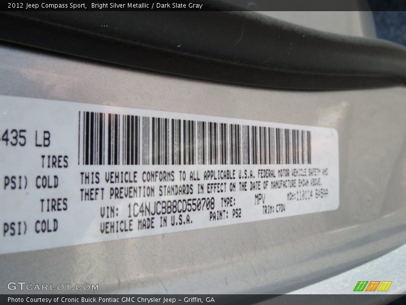 Bright Silver Metallic / Dark Slate Gray 2012 Jeep Compass Sport
