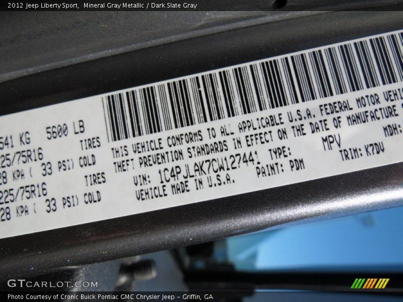Mineral Gray Metallic / Dark Slate Gray 2012 Jeep Liberty Sport
