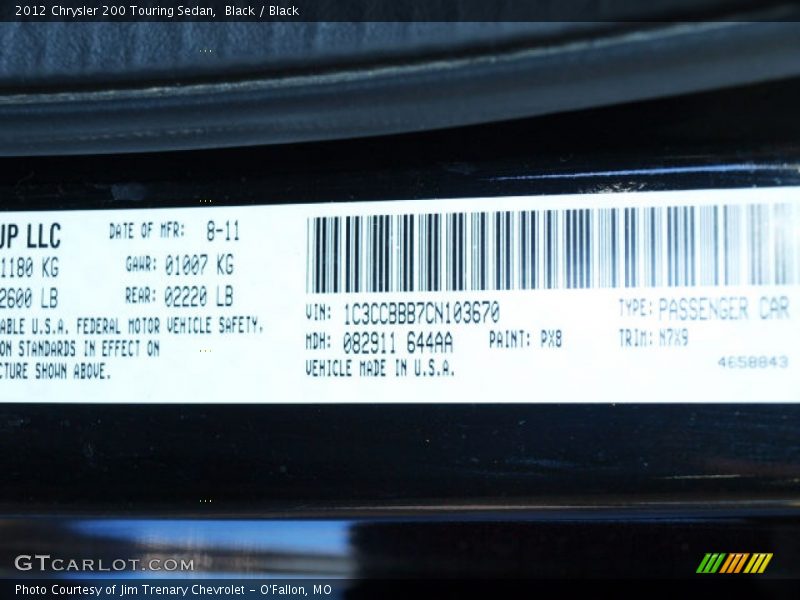 Black / Black 2012 Chrysler 200 Touring Sedan