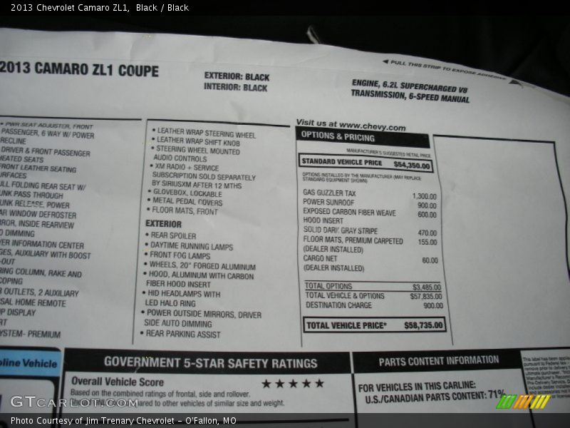  2013 Camaro ZL1 Window Sticker