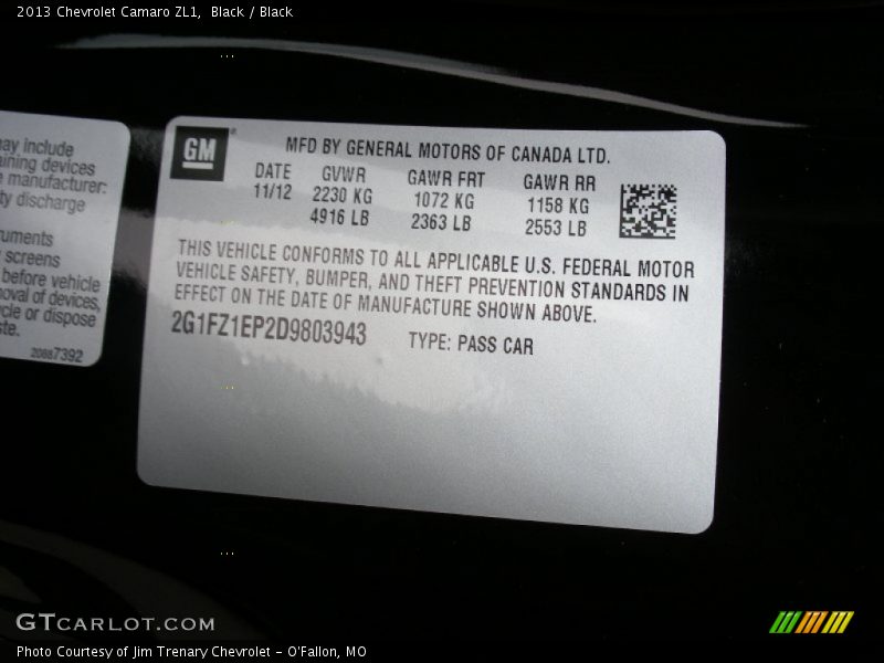 Info Tag of 2013 Camaro ZL1